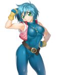  abs allenby_beardsley armpits belt beltskirt blue_hair bodysuit bolero breasts cropped_jacket g_gundam gloves green_eyes gundam jewelry looking_at_viewer muscle necklace onsoku_maru short_hair skin_tight smile solo white_background 