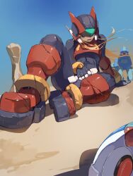  3boys absurdres armor black_eyes blonde_hair blue_sky commentary_request desert helmet highres long_hair male_focus mega_man_(series) mega_man_zero_(series) multiple_boys omochi_(mochi_skymega) pantheon_(mega_man) red_armor red_helmet sky solo_focus zero(z)_(mega_man) zero_(mega_man) 