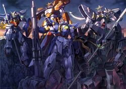  everyone gatling_gun gun gundam gundam_deathscythe gundam_heavyarms gundam_sandrock gundam_wing highres mecha shenlong_gundam shield weapon wing_gundam 