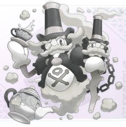  albrt-wlson alternate_color chain commentary cup deviantart_username english_commentary full_body fusion galarian_weezing gas gloves greyscale highres holding holding_plate monochrome monocle mr._rime multiple_heads opaque_monocle plate pokemon polteageist shiny_pokemon skull_and_crossbones smile steam teacup web_address white_gloves 