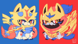  animal_focus butapokko chibi chibi_only closed_mouth commentary fangs full_body holding holding_sword holding_weapon mouth_hold multicolored_eyes no_humans pokemon pokemon_(creature) pokemon_focus simple_background sitting smile sword sword_in_mouth two-tone_background two-tone_eyes weapon weapon_in_mouth zacian zacian_(crowned) zamazenta zamazenta_(crowned) 