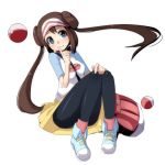  blush brown_hair double_bun female_protagonist_(pokemon_bw2) full_body long_hair mei_(pokemon) pantyhose poke_ball pokemon pokemon_(game) pokemon_bw2 raglan_sleeves ruku_(alicecreation) sitting skirt solo twintails visor_cap 