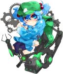  backpack bag blue_eyes blue_hair hair_bobbles hair_ornament hat highres himuro himuro_(dobu_no_hotori) holding kawashiro_nitori key mechanical_arm randoseru smile solo swimsuit touhou twintails wrench 