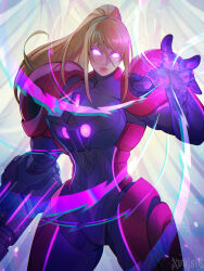  1girl absurdres arm_cannon armor blonde_hair commentary_request glowing glowing_eyes highres long_hair looking_at_viewer metroid metroid_prime_4:_beyond ponytail power_armor power_suit_(metroid) samus_aran signature vi-o-la_suit violet_eyes weapon xuuikie_ashe 