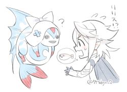  1boy 1girl ? brother_and_sister commentary_request fins fire_emblem fire_emblem_fates fish_girl fish_tail lilith_(fire_emblem) male_corrin_(fire_emblem) open_mouth pointy_ears siblings speech_bubble tail touya_(55tohya) white_background 