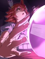  +_+ 2girls ahoge animal_ears bow bowtie brown_hair clover_hair_ornament commentary_request crystal_ball daruma_doll daruma_doll_hair_ornament ear_covers flipped_hair fortune_teller four-leaf_clover_hair_ornament hair_between_eyes hair_ornament highres horse_ears horse_girl horse_tail kazoku_chicken matikanefukukitaru_(umamusume) meisho_doto_(umamusume) multicolored_hair multiple_girls open_mouth orange_hair puffy_short_sleeves puffy_sleeves purple_bow purple_bowtie purple_shirt sailor_collar sailor_shirt school_uniform shirt short_hair short_sleeves single_ear_cover skirt sweatdrop tail tracen_school_uniform two-tone_hair umamusume violet_eyes white_hair white_sailor_collar white_skirt 