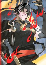  1boy absurdres arknights arm_armor arm_tattoo arm_up back_tattoo belt black_hair black_shirt chinese_commentary chongyue_(arknights) claws commentary_request compression_shirt earrings evil_smile facing_ahead fire flame_tattoo from_below hair_tubes highres holding holding_weapon horns jewelry looking_up low_ponytail male_focus multicolored_hair parted_bangs parted_lips pointy_ears ponytail red_belt shirt single_bare_shoulder single_hair_tube single_shoulder_pad sleeveless smile solo tattoo teeth toned toned_male two-tone_hair upper_body weapon yellow_eyes you_gui_wa 