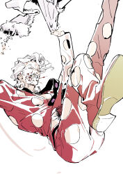  1boy absurdres blood blood_on_face clothing_cutout commentary earrings food-themed_earrings highres jewelry jojo_no_kimyou_na_bouken necktie pannacotta_fugo solo ssyoukyo_sori strawberry_earrings vento_aureo white_hair 