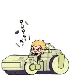  1boy birthmark blonde_hair bracelet breasts chibi commentary dio_brando driving earrings emoji evil_smile green_lips highres jewelry joestar_birthmark jojo_no_kimyou_na_bouken kabutom_ue_shi male_focus mismatched_eyebrows on_steamroller red_eyes shirt sleeveless sleeveless_shirt smile solo star_(symbol) stardust_crusaders steamroller symbol-only_commentary v-shaped_eyebrows 