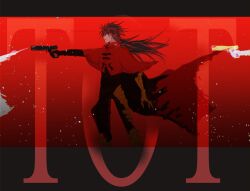  1boy armor black_gloves black_hair black_pants black_shirt clawed_gauntlets cloak commentary_request feet_out_of_frame final_fantasy final_fantasy_vii gloves gold_armor gradient_background gun handgun headband highres holding holding_gun holding_weapon holster long_hair male_focus pants red_background red_cloak red_headband ruka_ika shirt solo spiky_hair thigh_holster torn_cloak torn_clothes vincent_valentine weapon 