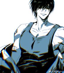  1boy arm_tattoo clothes_down collarbone hashtag-only_commentary highres looking_at_viewer male_focus momoyoru1 nagumo_(sakamoto_days) neck_tattoo parted_lips sakamoto_days short_hair simple_background solo tank_top tattoo teeth watermark weibo_username weibo_watermark white_background 