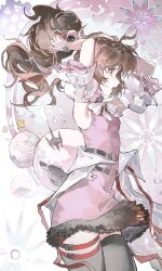  1girl absurdres ardelia_(arknights) arknights arknights:_endfield armpits arms_up black_thighhighs bow bowtie brown_hair chinese_commentary commentary_request cowboy_shot curled_horns dabaijiang_memeda detached_sleeves dress eyjafjalla_(arknights) from_side fur-trimmed_dress fur_trim grey_horns hair_ornament hairclip highres horns long_hair open_mouth pink_dress profile red_eyes sheep sheep_girl sheep_hair_ornament sheep_horns short_dress short_sleeves sleeveless sleeveless_dress solo thigh-highs tying_hair white_bow white_bowtie white_sleeves 