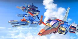  aeug alternate_form artist_request beam_cannon beam_rifle canopy_(aircraft) clouds cloudy_sky core_fighter energy_gun fleet flying gundam gundam_zz highres mecha mecha_focus mobile_suit realistic redesign robot science_fiction sky spacecraft starfighter weapon zz_gundam 