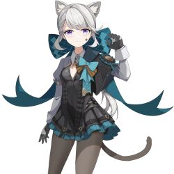  1girl absurdres animal_ears aqua_bow black_gloves black_leotard black_pantyhose bow cat_ears cat_girl cat_tail cleavage_cutout closed_mouth clothing_cutout cowboy_shot facial_mark frilled_leotard frills genshin_impact gloves grey_hair grey_tail hand_up highres huge_bow jiuxia_xata leotard long_sleeves looking_at_viewer lynette_(genshin_impact) pantyhose solo star_(symbol) star_facial_mark tail violet_eyes white_background white_sleeves wide_sleeves 