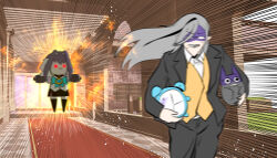  1boy 1girl 2others absurdres alarm_clock bat_(animal) black_coat black_pants black_skirt black_streaks black_thighhighs blue_hair blush checkered_floor chest_bow chibi clenched_teeth clock coat commentary_request detached_sleeves fire fleeing floating floating_boy_chasing_running_boy_(meme) glasses gloom_(expression) glowing glowing_eyes grass grey_hair highres holding hololive hololive_english holostars holostars_english korean_commentary kronie_(ouro_kronii) long_hair medium_hair meme minchi_(anda) minecraft motion_lines multiple_others noir_vesper noir_vesper_(old_design) ouro_kronii ouro_kronii_(1st_costume) pants pillar pointy_ears skirt smile t-pose teeth thigh-highs vest vesties_(noir_vesper) virtual_youtuber window yellow_vest 