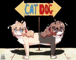  ahoge animal animal_focus animal_with_hair animalization broken_heart broken_heart_hair_ornament brown_hair cat catdog commentary conjoined dog evil_neuro-sama furry furry_female hair_between_eyes hair_ornament heart highres leash long_hair neuro-sama purple_cat red_eyes ribbon simple_background symbol-only_commentary vedal_ai virtual_youtuber zerudawaa 