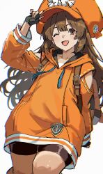  1girl anchor_symbol arm_up bag black_gloves brown_hair commentary_request cowboy_shot fingerless_gloves gloves guilty_gear guilty_gear_strive hat highres jacket long_hair long_sleeves looking_at_viewer may_(guilty_gear) newsboy_cap nougoku_uni one_eye_closed open_mouth orange_eyes orange_jacket short_shorts shorts simple_background skull_and_crossbones smile solo white_background 