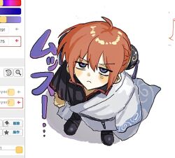  1girl art_program_in_frame cosplay double_bun gintama hair_bun japanese_clothes kagura_(gintama) kimono nou_325 open_clothes open_kimono orange_hair sakata_gintoki sakata_gintoki_(cosplay) short_hair sketch 