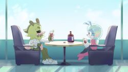  1boy 1girl anime_coloring armchair arthropod_girl black_sclera chair clutch_the_opossum colored_sclera dress from_side furry furry_female furry_male green_fur green_pants highres jewel_the_beetle looking_at_another pants pencil_dress pink_dress pink_shoes ririkuma0530 shirt shoes sitting sonic_(series) sonic_the_hedgehog_(idw) white_shirt 