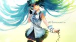  aqua_eyes aqua_hair floating_hair hatsune_miku ilmkilt long_hair phone skirt solo thigh-highs thighhighs twintails very_long_hair vocaloid watermark web_address 