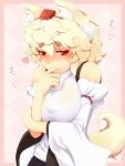  1girl animal_ears bare_shoulders blonde_hair blush border detached_sleeves hand_to_mouth hat heart hikimayu inubashiri_momiji red_eyes solo tail tokin_hat touhou translation_request white_hair wolf_ears wolf_tail 