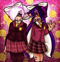  black_hair boy_princesss brittany_biskit brittany_biskit_(cosplay) callie_(splatoon) cosplay cousins emoji highres inkling leg_tattoo littlest_pet_shop littlest_pet_shop_(2012) looking_at_another marie_(splatoon) pink_background red_eyes school_uniform signature smile splatoon_(series) tattoo waving white_hair whittany_biskit whittany_biskit_(cosplay) 