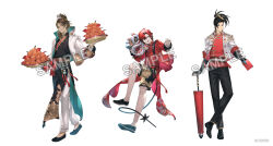  3boys absurdres bespectacled black_changpao black_hair black_pants brown_hair changpao chinese_clothes copyright_notice dark-skinned_male dark_skin envelope food fruit glasses goldbullet highres holding holding_envelope holding_tray holostars holostars_english hongbao josuiji_shinri jun_wei lion_dance long_hair machina_x_flayon male_focus mandarin_collar multiple_boys official_art orange_(fruit) pants parasol ponytail red_hair sample_watermark short_hair shorts tail tangzhuang tassel tray umbrella virtual_youtuber watermark white_pants 