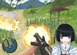 1boy 1girl black_hair blue_sailor_collar bob_cut commentary_request controller dot_nose fake_screenshot far_cry far_cry_3 fire flamethrower frilled_sailor_collar frills fuuyukanufo game_controller grey_eyes highres holding holding_controller holding_game_controller minimap nervous_sweating original outdoors palm_tree playing_games pov pov_hands sailor_collar sweat tree two_side_up virtual_youtuber weapon 