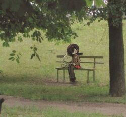  1girl bench black_hair black_thighhighs bow bowtie braid brown_jacket brown_shoes closed_eyes closed_mouth collared_shirt defect_mogeko dudd_ie funamusea funamusea_(style) hair_over_one_eye highres jacket kurai_yonaka mogeko_(species) mogeko_castle outdoors park_bench photo_background plaid_clothes plaid_skirt red_bow red_bowtie red_skirt shirt shoes sitting skirt smile spanish_commentary thigh-highs tree twin_braids white_shirt wooden_bench 