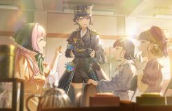  4girls :d anyoji_hime black_cape black_gloves black_hair black_hat black_shorts blonde_hair blue_dress blue_thighhighs blunt_bangs blurry blurry_foreground briefcase brown_hair cape chair closed_mouth clubroom dress flipped_hair fluorescent_lamp folding_chair game_cg gloves gradient_hair green_bonnet green_eyes half_gloves hat highres holding holding_briefcase holding_ticket indoors jellyfish_cut kachimachi_kosuzu katsuragi_izumi katsuragi_izumi_(kaiten_no_shasou) lace lace_gloves link!_like!_love_live! long_hair long_sleeves looking_at_another love_live! momose_ginko multicolored_hair multiple_girls non-web_source official_art on_chair open_mouth orange_eyes own_hands_together pink_eyes pink_hair profile puffy_long_sleeves puffy_short_sleeves puffy_sleeves purple_dress short_hair short_sleeves shorts sitting slit_pupils smile thigh-highs ticket ticket_puncher train_conductor virtual_youtuber white_gloves yellow_dress 