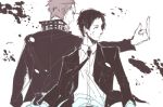  2boys adachi_tooru back-to-back black_hair blood d_dat delinquent formal injury jacket jacket_on_shoulders looking_away lowres middle_finger monochrome multiple_boys necktie persona persona_4 police_officer short_hair standing suit tatsumi_kanji 