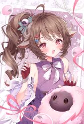  1girl :d absurdres animal_ears ardelia_(arknights) arknights arknights:_endfield bare_shoulders brown_hair commentary_request curled_horns detached_sleeves eyjafjalla_(arknights) fingerless_gloves gloves grey_horns hair_ornament hands_up highres horns little_black_sheep_(arknights) long_hair looking_at_viewer neck_ribbon neru5 open_mouth purple_background purple_shirt red_eyes ribbon sheep sheep_ears sheep_girl sheep_hair_ornament sheep_horns shirt sleeveless sleeveless_shirt smile solo upper_body white_ribbon 