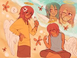  1girl angel angel_devil's_lover angel_devil_(chainsaw_man) angel_wings beach chainsaw_man closed_eyes couple english_commentary facial_tattoo flower food halo hand_on_another's_shoulder hand_on_own_hip highres holding holding_food ice_cream long_hair ocean one_eye_closed orange_hair sk8rrr smile spoilers straight_hair tattoo wavy_hair wings 