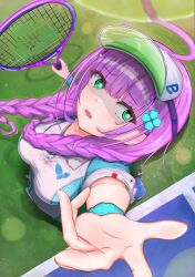  1girl absurdres ahoge baseball_cap braid commentary_request date_akari green_eyes hat heaven_burns_red highres holding holding_tennis_racket long_hair pink_hair psy_(artist) racket sweat sweatdrop tennis tennis_racket 