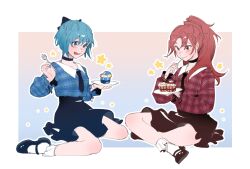  2girls black_choker black_necktie blue_choker blue_eyes blue_hair blue_necktie blue_shirt blue_shoes blue_skirt blush bow brown_shoes brown_skirt choker closed_mouth commentary_request cupcake eating food hair_bow highres holding indian_style looking_at_food mahou_shoujo_madoka_magica mahou_shoujo_madoka_magica_(anime) mary_janes miki_sayaka multiple_girls necktie official_alternate_costume open_mouth plaid_clothes plate ponytail red_eyes red_hair red_shirt riyu_qvq sakura_kyoko shirt shoes short_hair sitting skirt smile socks spork star_(symbol) wariza white_socks 