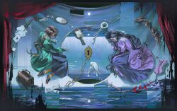  2girls absurdres black_hair black_hat black_skirt brown_bag brown_hair brown_shoes bug butterfly chinese_commentary coat commentary_request corset curtains dress envelope eyewear_strap flower glasses gloves green_coat gun hair_flower hair_ornament hat highres isolde_(reverse:1999) jewelry kakania_(reverse:1999) letter long_hair lying mirror multiple_girls necklace on_side pocket_watch purple_dress quill rabbit reverse:1999 revolver rose see-through_clothes see-through_veil shoes sitting skirt spoon stage_curtains sword unworn_clothes unworn_gloves veil very_long_hair volcanoyyy watch watermark weapon white_gloves yokozuwari 