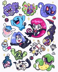  1boy 1girl arbok blue_hair blush bright_pupils cacnea chibi chimecho dustox earrings english_commentary fangs gloves highres inkay james_(pokemon) jessie_(pokemon) jewelry long_hair mamobot meowth mime_jr. mimikyu open_mouth pink_hair poke_ball poke_ball_(basic) pokemon pokemon_(anime) pokemon_(creature) seviper short_hair simple_background smile star_(symbol) sweat team_rocket team_rocket_uniform victreebel weezing white_background white_pupils wobbuffet 