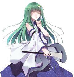  1girl :d bare_shoulders blue_skirt blue_trim closed_eyes collared_shirt commentary_request cowboy_shot crote detached_sleeves fingernails frog_hair_ornament gohei green_hair hair_ornament hair_tubes hand_up highres holding holding_gohei kochiya_sanae large_variant_set long_hair open_mouth shirt single_hair_tube skirt sleeveless sleeveless_shirt smile snake_hair_ornament solo standing tachi-e teeth touhou transparent_background u_u upper_teeth_only variant_set white_shirt white_sleeves wide_sleeves 