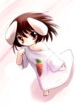  animal_ears bare_shoulders barefoot brown_hair bunny_ears carrot chibi child highres inaba_tewi looking_at_viewer off_shoulder oversized_clothes rabbit_ears short_hair solo t-shirt touhou young yume_shokunin 