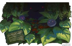  ._. absurdres blue_skin colored_skin english_text flower highres leaf no_humans oddish open_mouth plant pokemon pokemon_(creature) pokemon_rgby rafflesia_(flower) red_eyes sign smile vileplume white_background yueryu_(taroyuer2) 