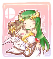 1boy 1girl ahoge angel angel_wings bandaid bandaid_on_face brown_hair character_name chibi closed_eyes commentary_request green_hair hug kawao9 kid_icarus kid_icarus_uprising lowres outline palutena pink_background pit_(kid_icarus) super_smash_bros. super_smash_bros._logo t_t white_outline wings 