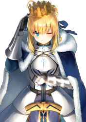  1girl absurdres ahoge aqua_eyes arm_up armor artoria_pendragon_(fate) blonde_hair blue_ribbon blush braid braided_bun breastplate cloak closed_mouth commentary_request cowboy_shot crown excalibur_(fate/stay_night) fate/stay_night fate_(series) faulds fur_trim gauntlets hair_between_eyes hair_bun hair_ribbon hand_on_hilt highres jazztaki looking_at_viewer one_eye_closed planted planted_sword revision ribbon saber_(fate) scratching_head sidelocks simple_background smile solo sword weapon white_background 