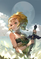  1girl armlet bare_shoulders blonde_hair bracelet braid broken broken_sword broken_weapon circlet clouds collarbone commentary crown_braid dress earrings eyelashes facepaint falling_leaves full_moon green_dress green_eyes hands_up holding holding_sword holding_weapon jewelry leaf looking_to_the_side magatama magatama_necklace master_sword moon mountainous_horizon multicolored_dress necklace outdoors parted_lips pointy_ears princess_zelda short_hair signature sky solo strapless strapless_dress suzuki_rika sword the_legend_of_zelda the_legend_of_zelda:_tears_of_the_kingdom upper_body weapon white_dress wind 