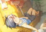  ahoge bare_shoulders barefoot black_hair book closed_eyes couch drawer dress drooling eyes_closed hand_on_stomach idolmaster kikuchi_makoto leaf lying nerima on_back open_mouth saliva short_hair shorts sleeping solo striped 