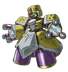  1boy arm_cannon armor character_request commentary_request full_body green-tinted_eyewear helmet highres humanoid_robot medarot mota_saru robot simple_background solo tinted_eyewear weapon white_background yellow_armor yellow_helmet 