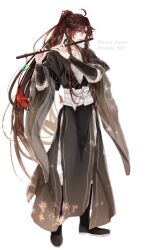  1boy ahoge black_boots black_hanfu boots brown_hair chenqing_flute chinese_clothes closed_mouth commentary_request dizi flute flute_tassel full_body grey_pants grey_sash hair_between_eyes hair_ribbon hanfu high_ponytail highres holding holding_flute holding_instrument instrument kanda_faf2 long_hair long_sleeves looking_at_viewer male_focus modao_zushi music pants playing_flute playing_instrument ponytail red_ribbon ribbon robe sash sidelocks simple_background smile solo standing tassel transverse_flute twitter_username very_long_hair violet_eyes wei_wuxian white_background wide_sleeves 