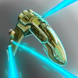  amarr_empire_(eve_online) cannon carthum_conglomerate_(eve_online) combat_ship_(eve_online) commentary energy energy_beam energy_cannon english_commentary eve_online firing frigate_(eve_online) glowing grey_background military_vehicle monochrome_background novafox punisher_(eve_online) science_fiction spacecraft spacecraft_turret vehicle_focus 