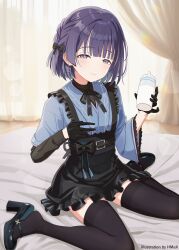  1girl absurdres artist_name bed_sheet belt black_belt black_bow black_gloves black_shirt black_shoes black_skirt black_thighhighs blue_shirt blunt_bangs bottle bow braid closed_mouth commentary_request curtains earrings fold-over_collar frilled_skirt frills gakuen_idolmaster gloves grey_eyes hair_bow half-closed_eyes hataya_misuzu high-waist_skirt high_heels highres hmax holding holding_bottle idolmaster indoors jewelry layered_sleeves light_blush long_sleeves looking_at_viewer milk_bottle miniskirt mole mole_under_mouth on_bed purple_hair shirt shoes short_hair short_over_long_sleeves short_sleeves side_braid sitting skirt smile solo suspender_skirt suspenders thigh-highs wariza watermark zettai_ryouiki 