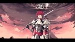  adol_christin armor brown_eyes castle falcom fingerless_gloves gloves male over_shoulder red_hair redhead smile solo sword title_drop weapon yohan12 ys 