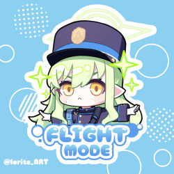  1girl armband blue_archive blue_armband blue_background blue_hat blush_stickers chibi chibi_only closed_mouth commentary_request cropped_torso gloves green_hair green_halo hair_between_eyes halo hat highres hikari_(blue_archive) iorite_art jacket korean_commentary long_hair long_sleeves outline outstretched_arms pointy_ears purple_jacket sidelocks solo sparkle spread_arms thick_eyebrows twitter_username v-shaped_eyebrows white_gloves white_outline yellow_eyes 